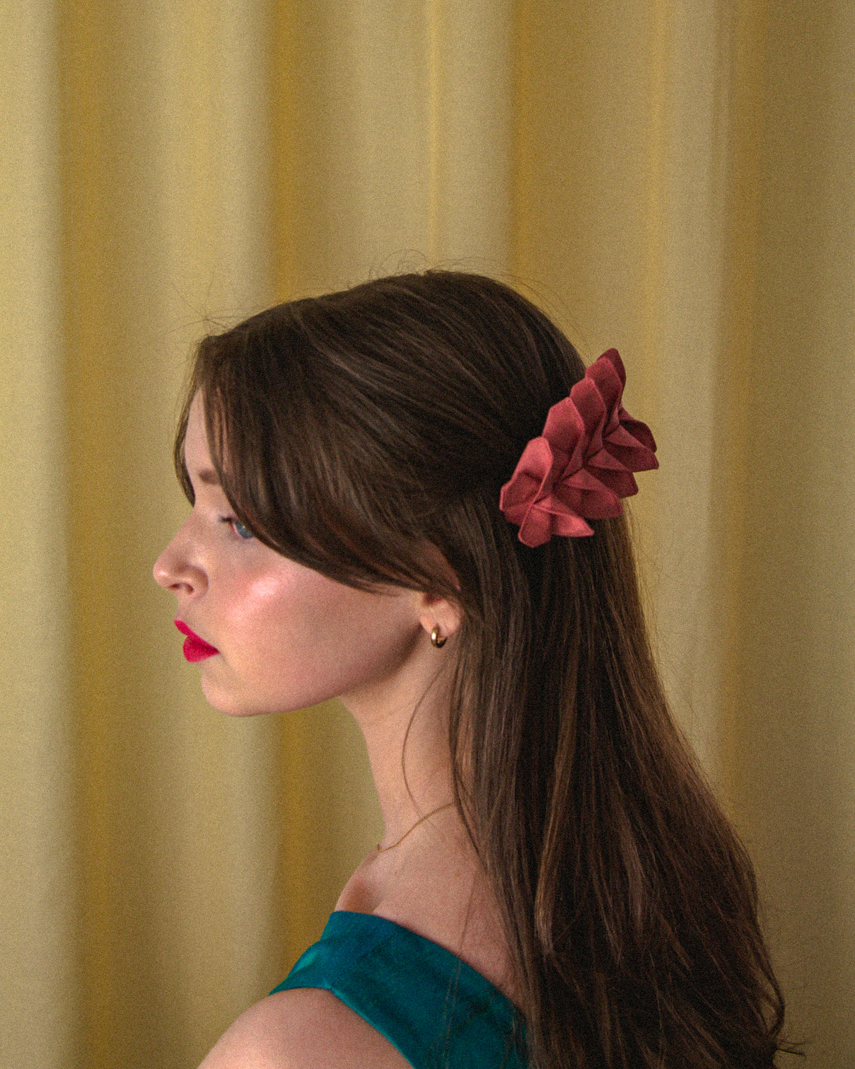 Origami Silk Butterfly Barrette Hair Clip in Light Pink on model.